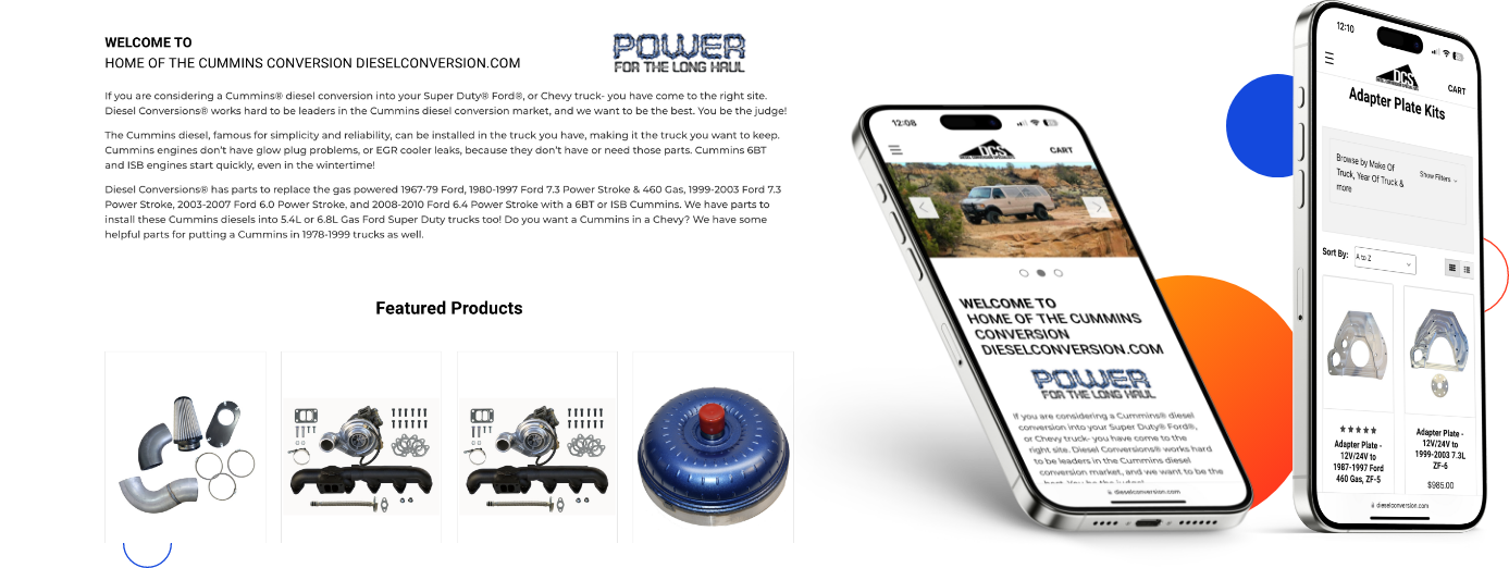 Website mockup of a Diesel conversion company after Magento to BigCommerce migration in desktop & mobile devices.