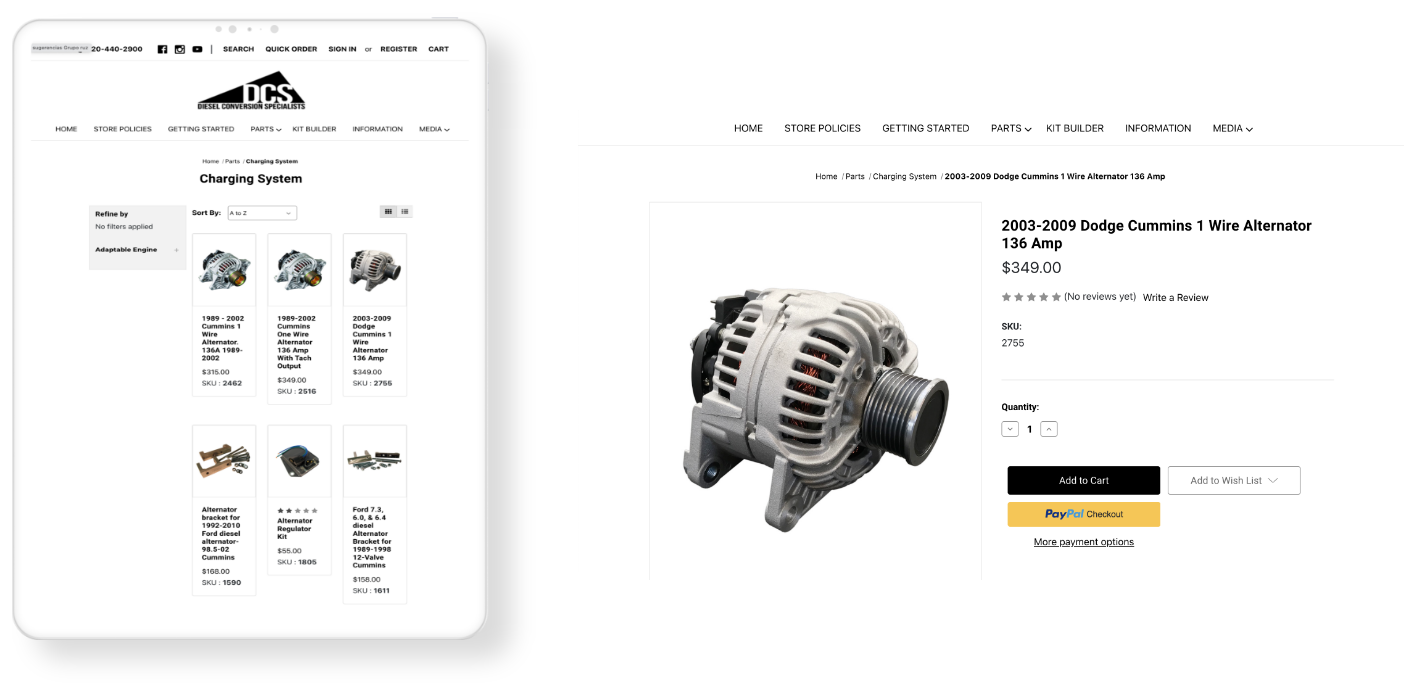 Mockup of a product page from a diesel conversion website displayed in landscape and portrait mode.
