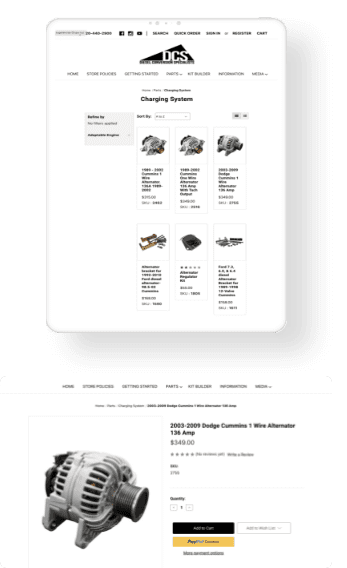Mockup of a product page from a diesel conversion website displayed in landscape and portrait mode.