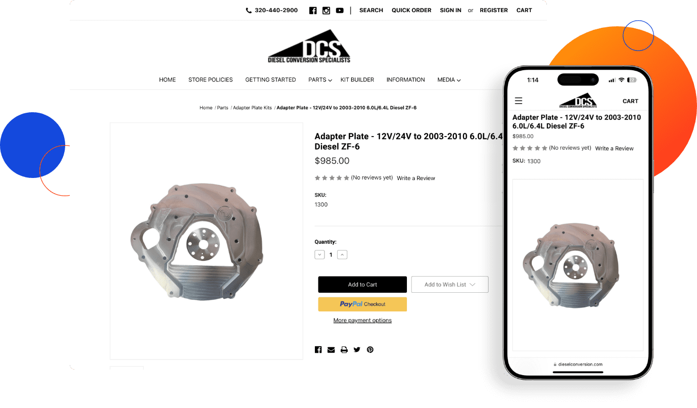 Mockup of a product details page from diesel conversion website displayed on desktop and mobile devices.