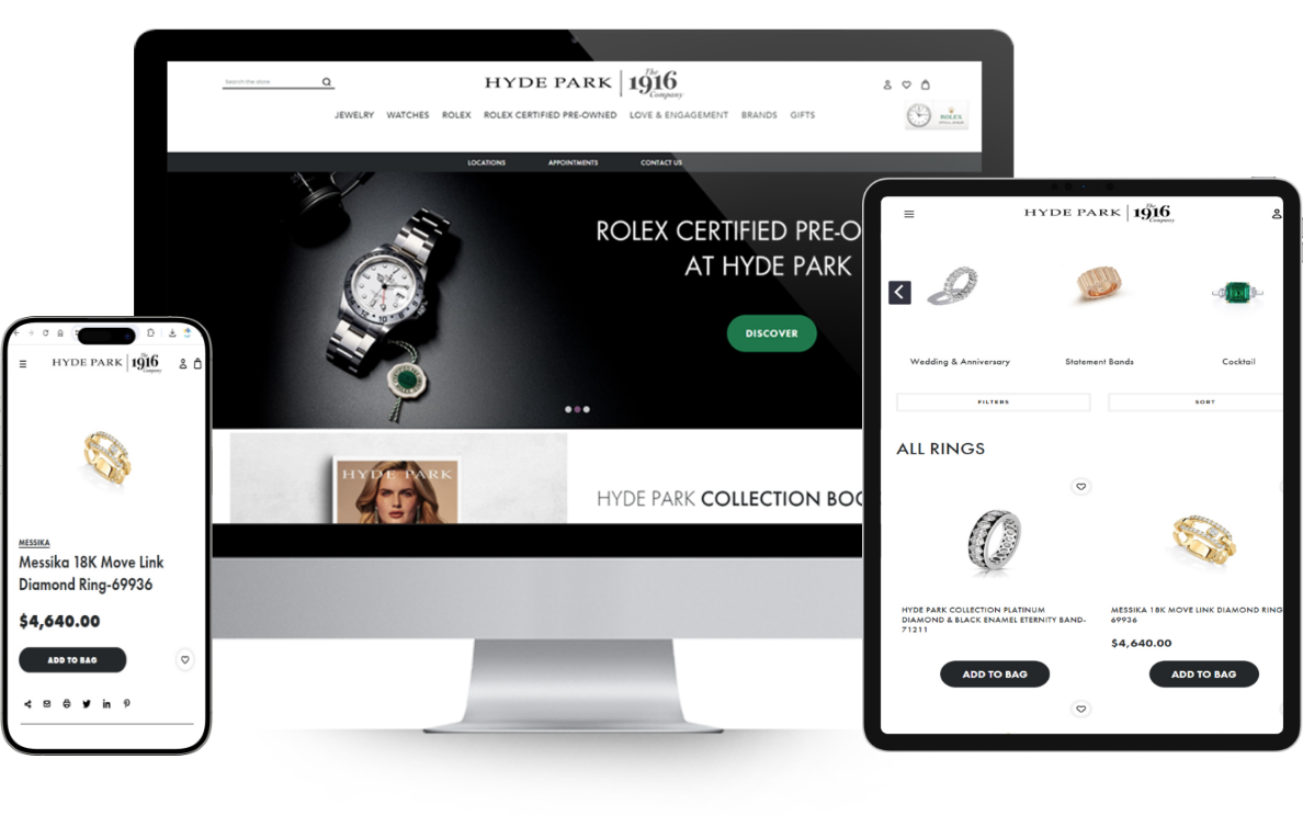 Hyde Park Jewelers home page mockup in desktop and mobile view after Magento to BigCommerce migration.