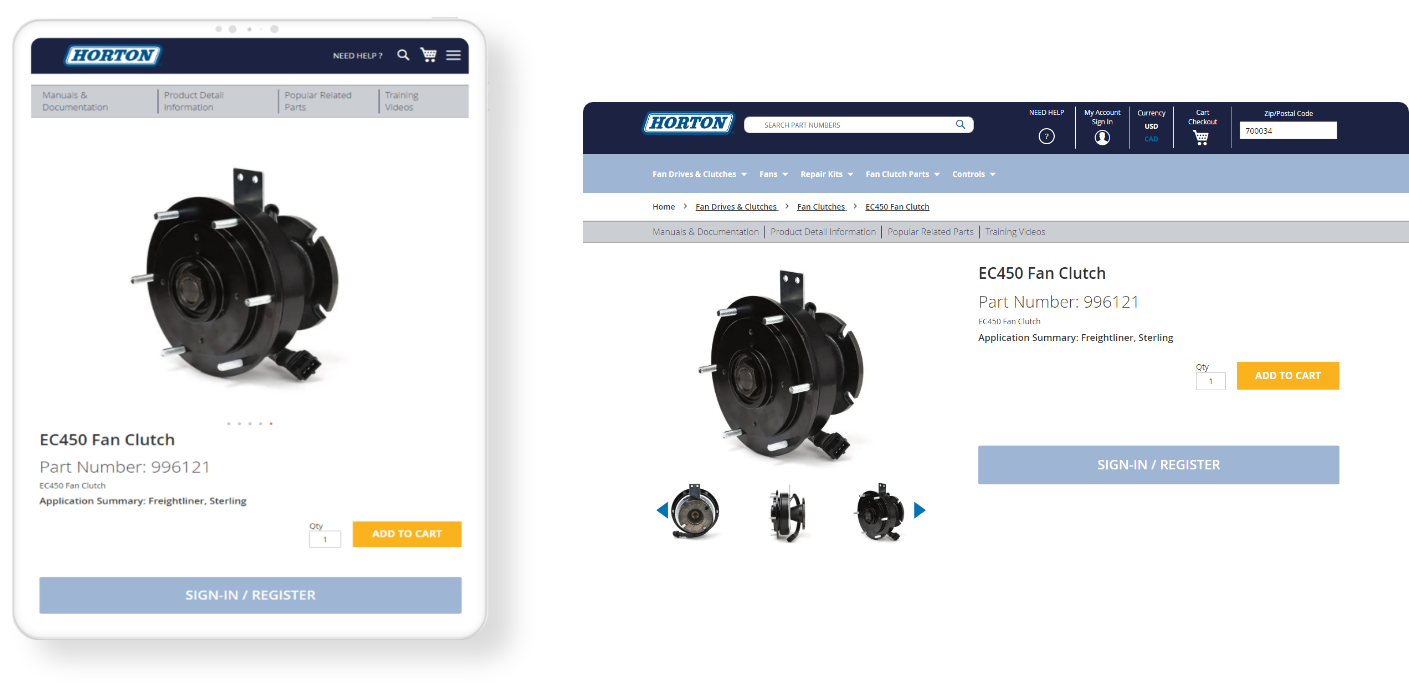 Website mockup of Horton's product page after eCommerce Data Migration in landscape and portrait mode.