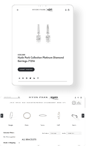 Hyde Park Jewelers product page mockup after Magento to BigCommerce migration into ADA-compliant luxury site.