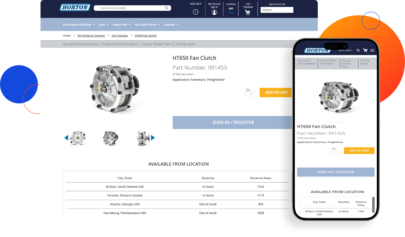 Website mockup of Horton's product details page after eCommerce Data Migration on desktop and mobile devices.