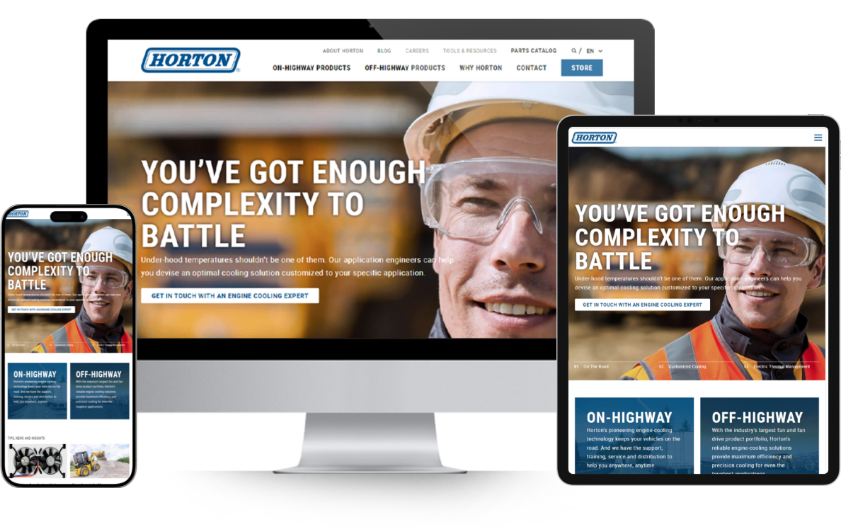 Website mockup of Horton's home page displayed on desktop, mobile, and tablet devices.
