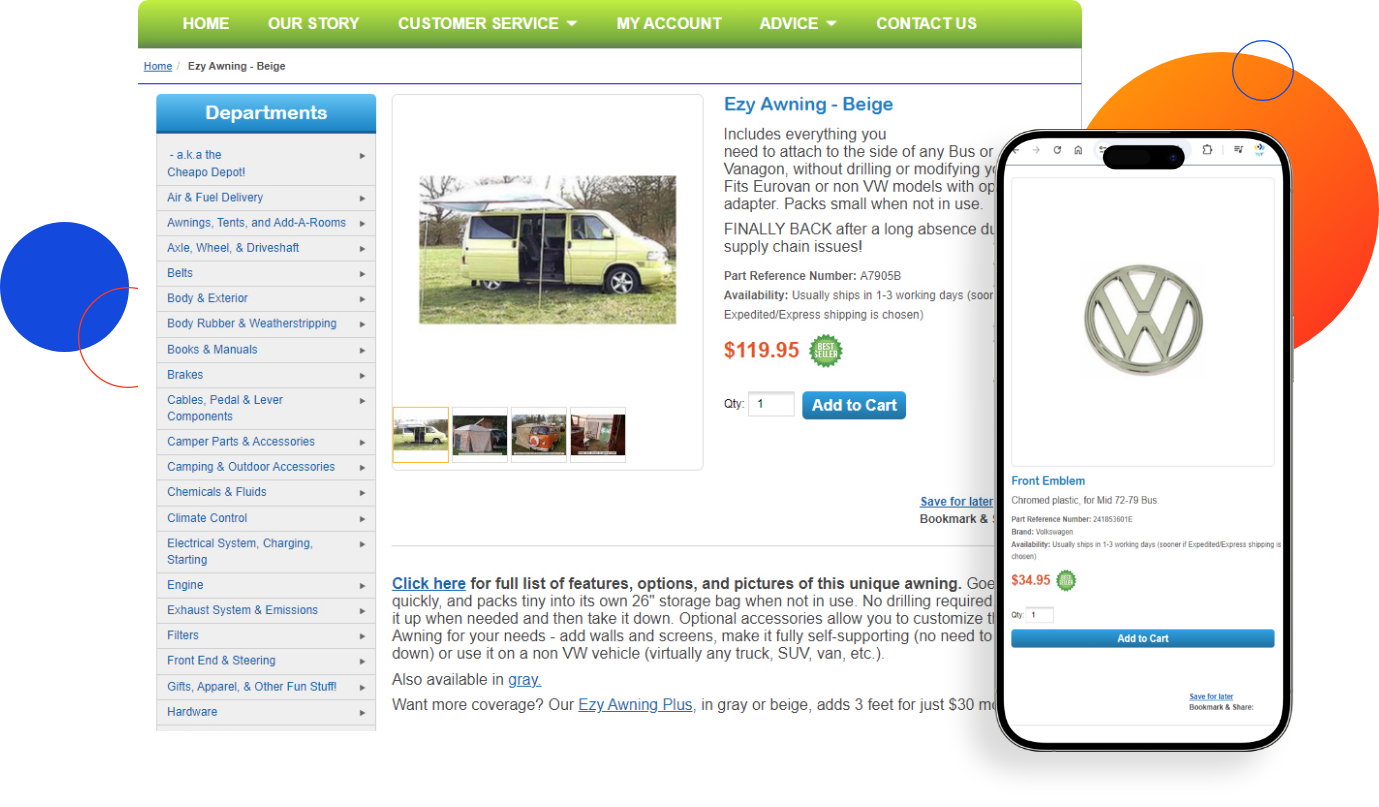 Bus Depot product details page after Magento 2 Migration in desktop and mobile device view.