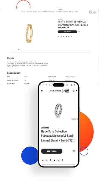 Hyde Park Jewelers category and product page after Magento to BigCommerce migration, desktop and mobile view.