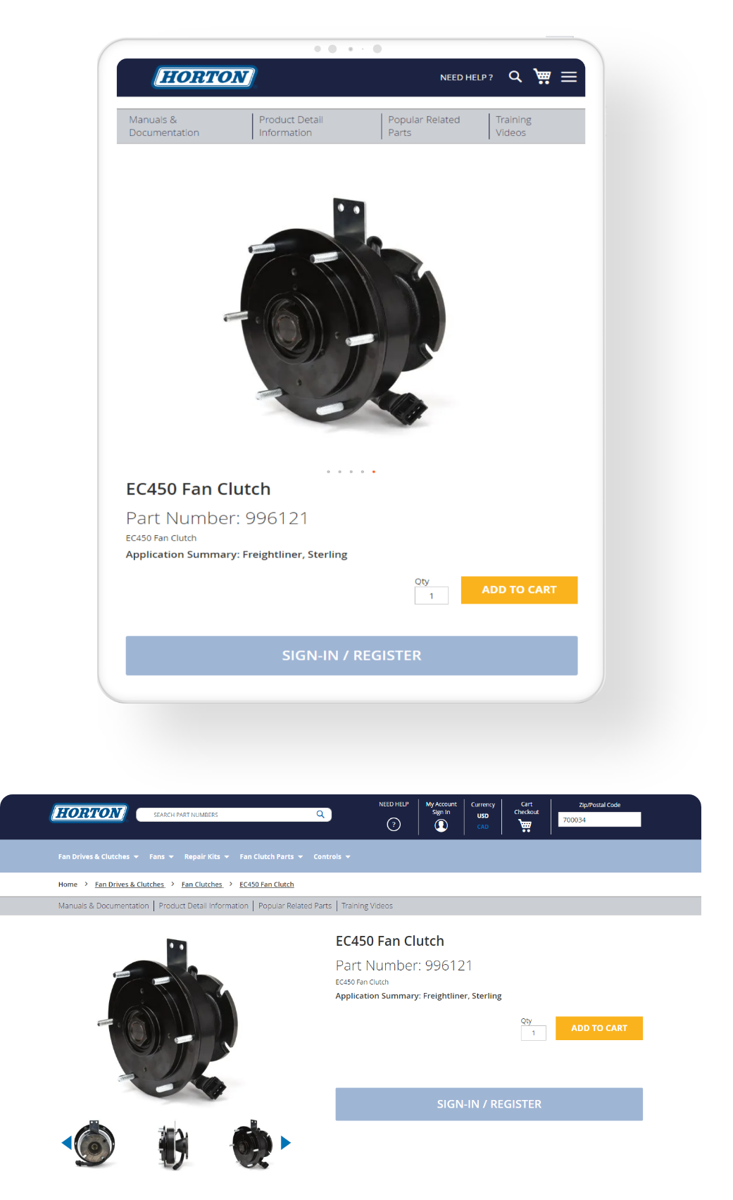 Website mockup of Horton's product page after eCommerce Data Migration in landscape and portrait mode.