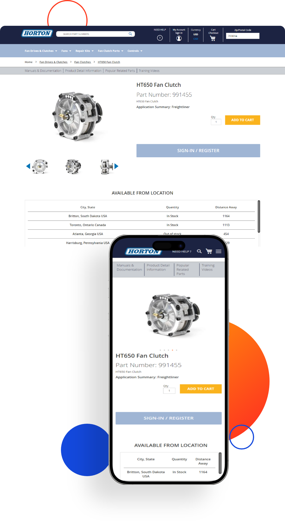 Website mockup of Horton's product details page after eCommerce Data Migration on desktop and mobile devices.