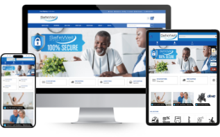 Safewell Medical website homepage mockup in desktop, tablet, and mobile view after Magento 1 to BigCommerce migration.