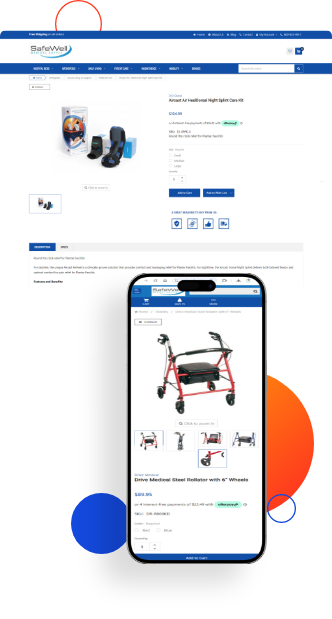Safewell Medical product page mockup on desktop and mobile after Magento to BigCommerce migration.