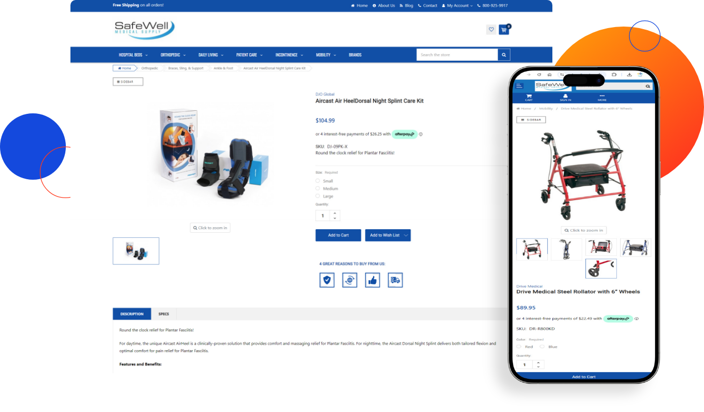 Safewell Medical product page mockup on desktop