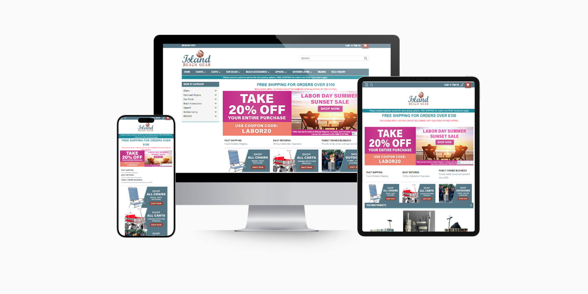Island Beach Gear home page mock-up on desktop, tablet, and mobile after Magento to BigCommerce Migration.