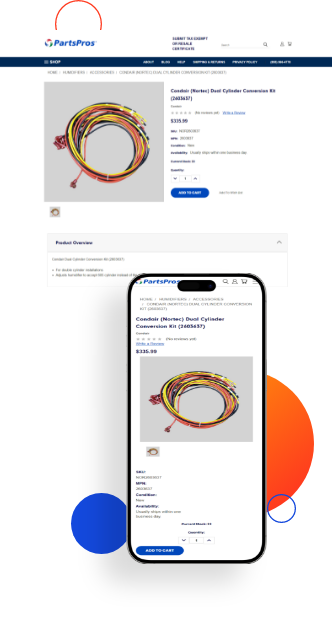 PartsPros website product details page after KCommerce to BigCommerce Migration displayed on desktop and mobile devices.