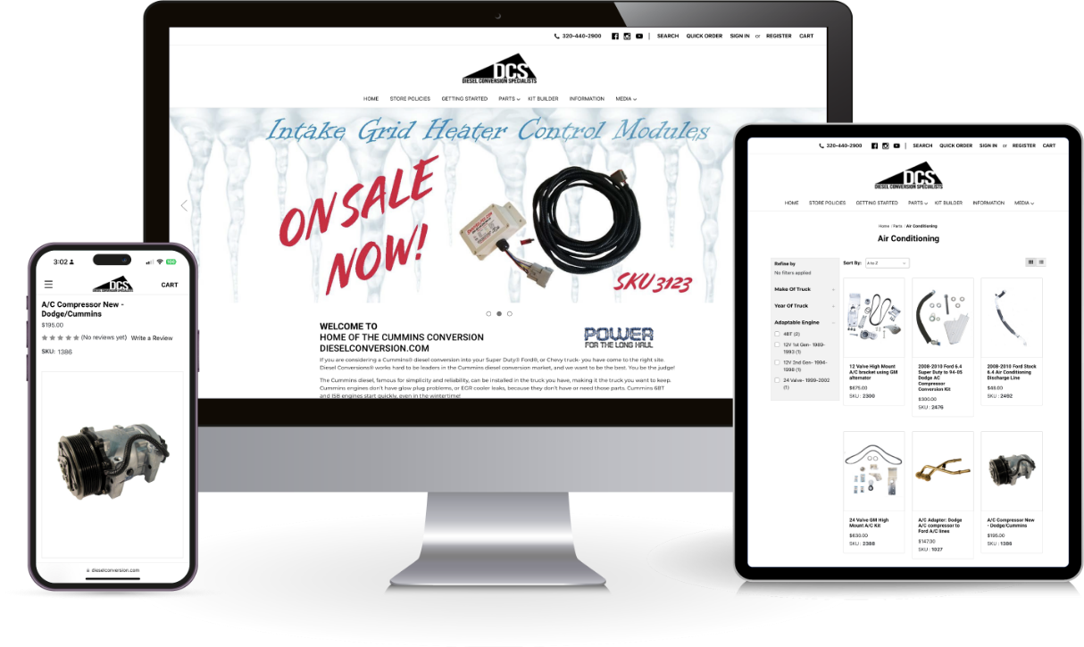 Diesel conversion website homepage mockup after Magento to BigCommerce migration on desktop, mobile, tablet.