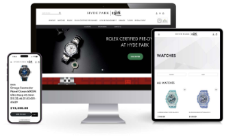 Hyde Park Jewelers home page mockup in desktop and mobile view after Magento to BigCommerce migration.